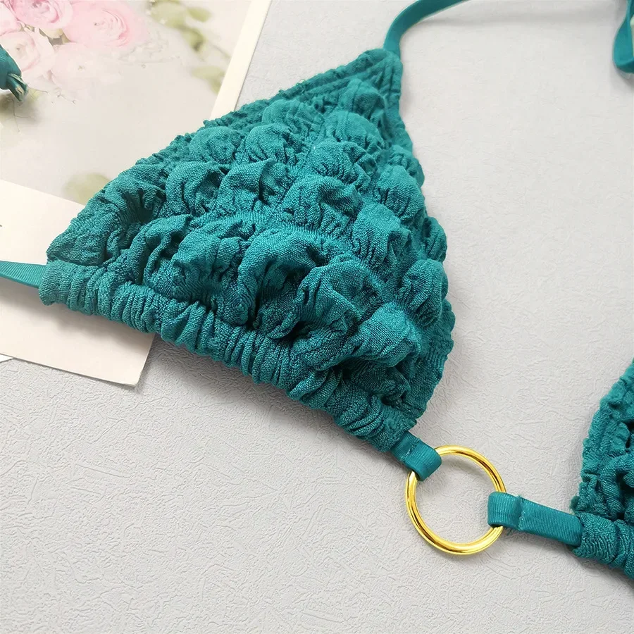 Neon Green Seersucker Swimwear with Skirts Cover Up 3 Piece Bikini Set Sexy Swimsuit Women 2025 String Halter Bikinis Beachwear