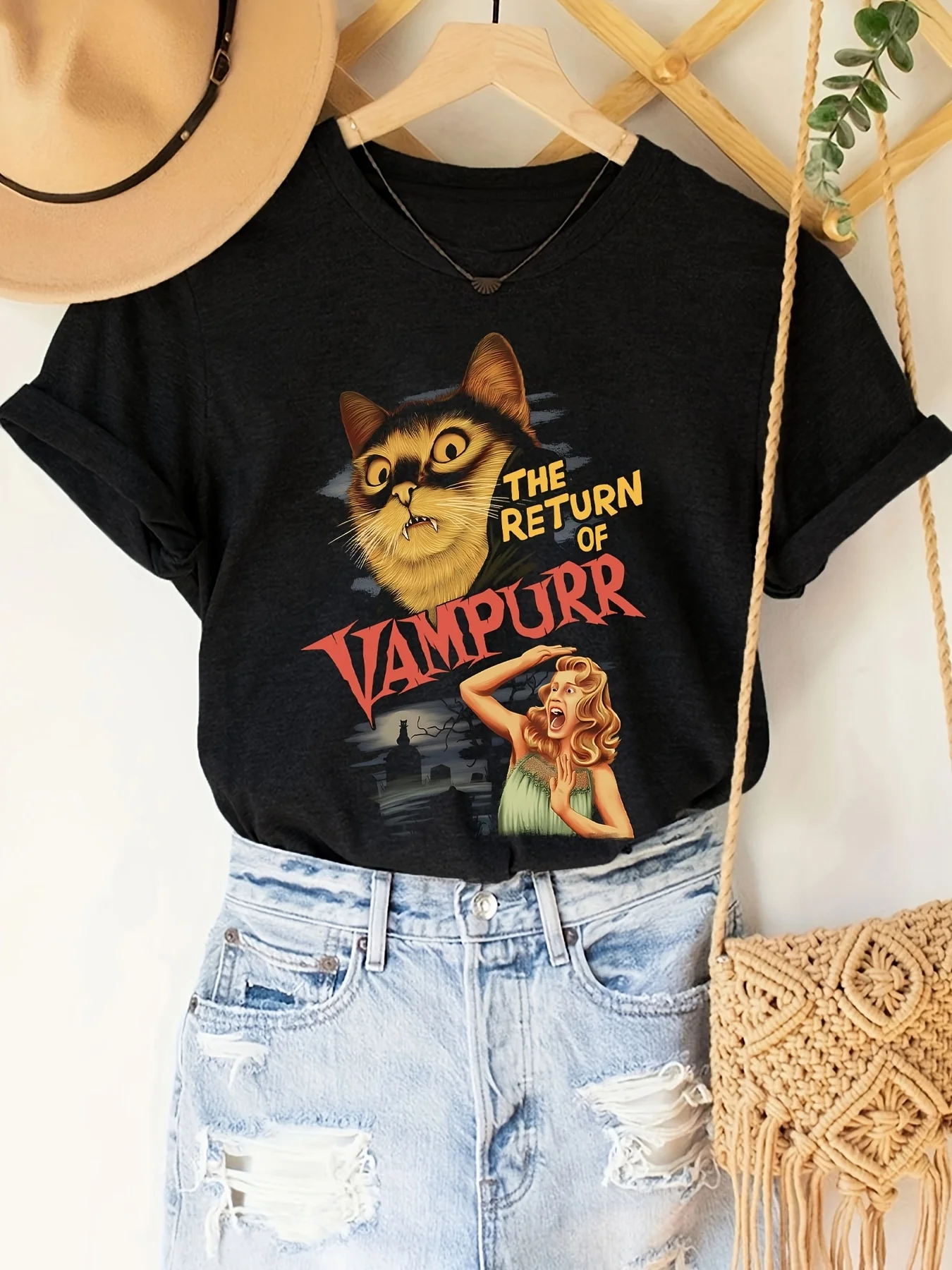 The Return of Vampurr Cat Print Women Short Sleeve Crew Neck T-shirt Short Sleeve Casual Top for Summer Women's Clothing