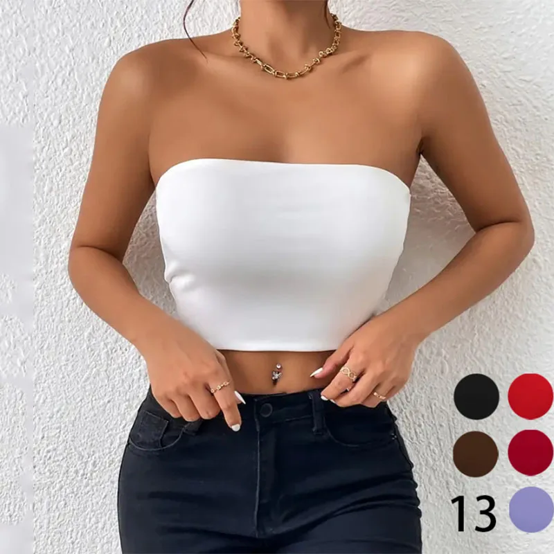 Women Seamless Ice Silk Crop Tops Sexy Gathering Strapless Non-Slip Tanks Tops Female Summer Thin Breathable Skinny Short Vest