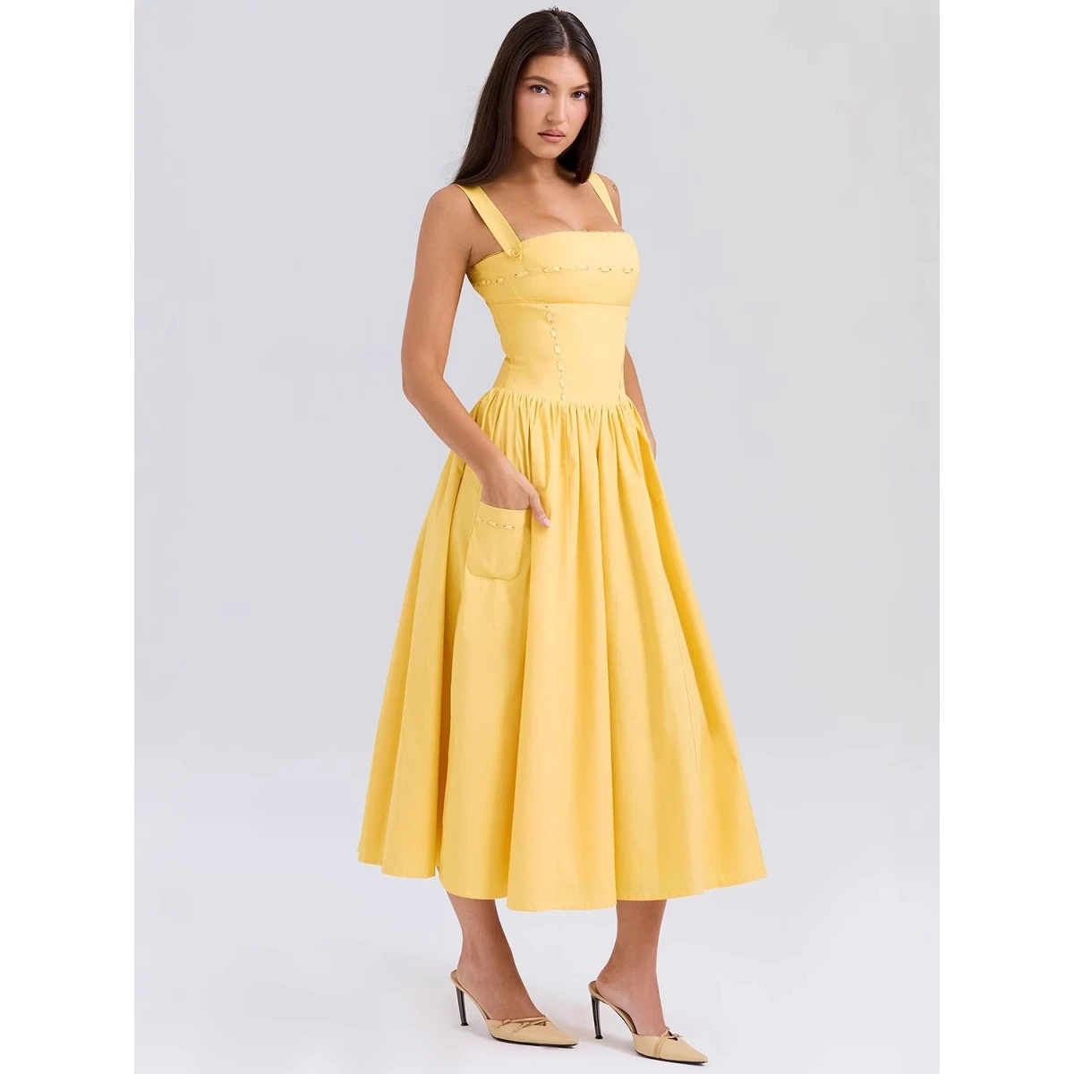 

Нежное белое платье с вышивкой, приталенное, с длинными рукавами, из полиэстера, для женщин, для праздников, с застежкой на пуговицах, в стиле Riding Scene