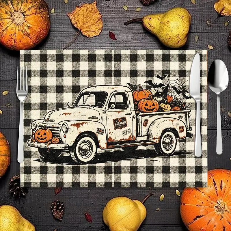 VIKAMA 2/4/6pcs Halloween Meal Mat, Dancing Skeleton Crow Rose Pumpkin Retro Truck Table Mat, Spooky Desktop Party Decoration
