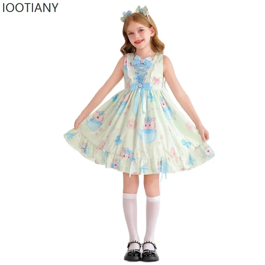 CosplayChildren's Sweet And Cute Girl Lolita Square Neck Bow Pink Rabbit Print Sleeveless Lace Girl Princess Dress Cosplay Costu