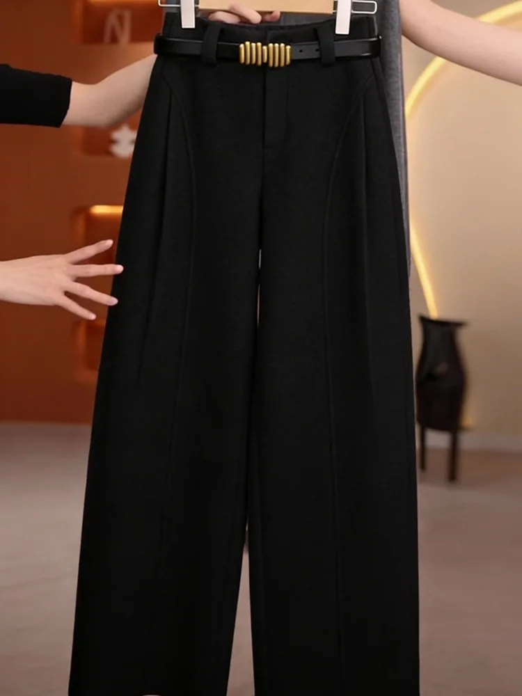 กางเกงขายาวทรงตรงเอวสูง ผ้าทิ้นเนื้อนุ่ม สไตล์เกาหลี สำหรับฤดูใบไม้ร่วงและฤดูหนาว เหมาะสำหรับใส่ไปทำงาน