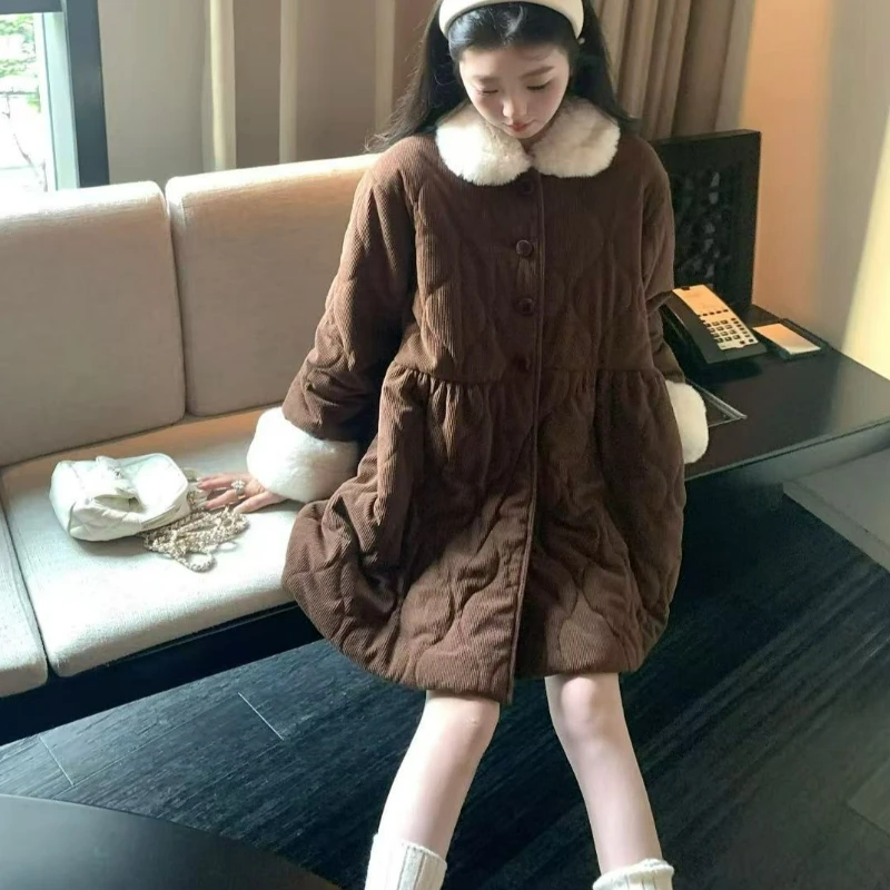 Fashion High-end Style Youthful Slimming Versatile Coffee-colored Loose Corduroy Fleece Sleeve Warm Jacket for Women 2026 Winter