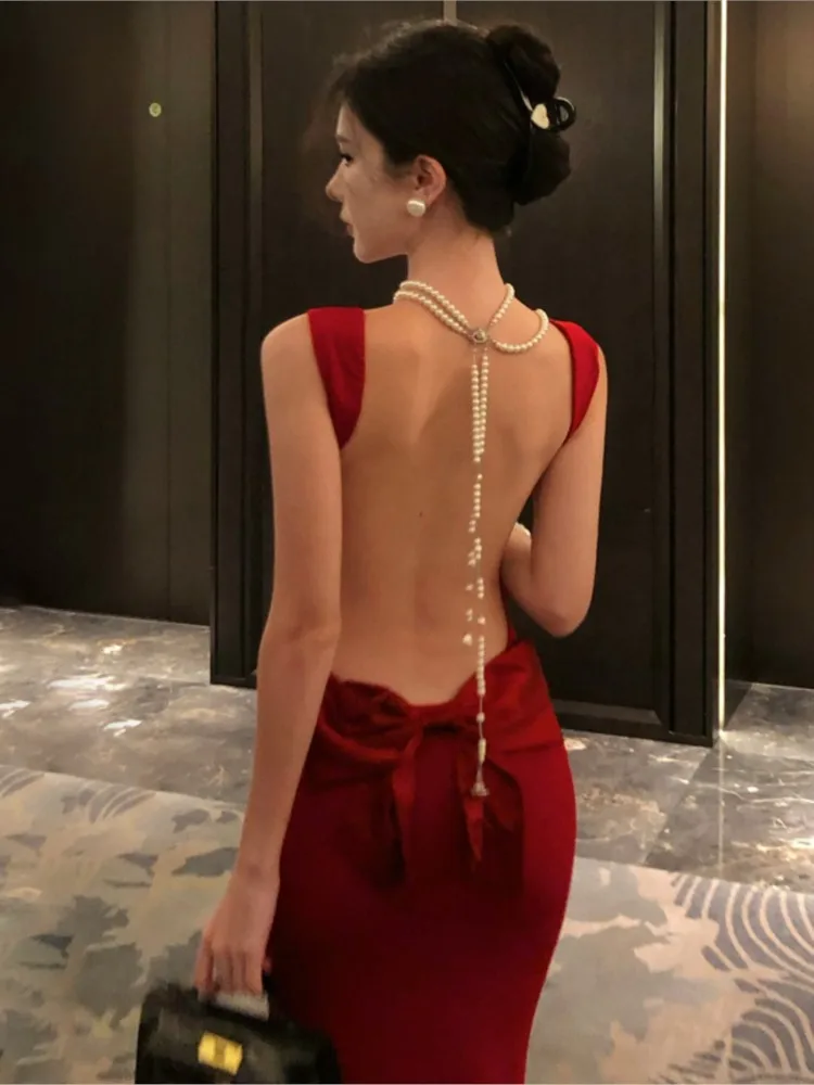 Damska seksowna czerwona sukienka bodycon na ramiączkach spaghetti z odkrytymi plecami, letnia sukienka maxi bez rękawów z kokardą, modna suknia wieczorowa na bal maturalny, vestidos