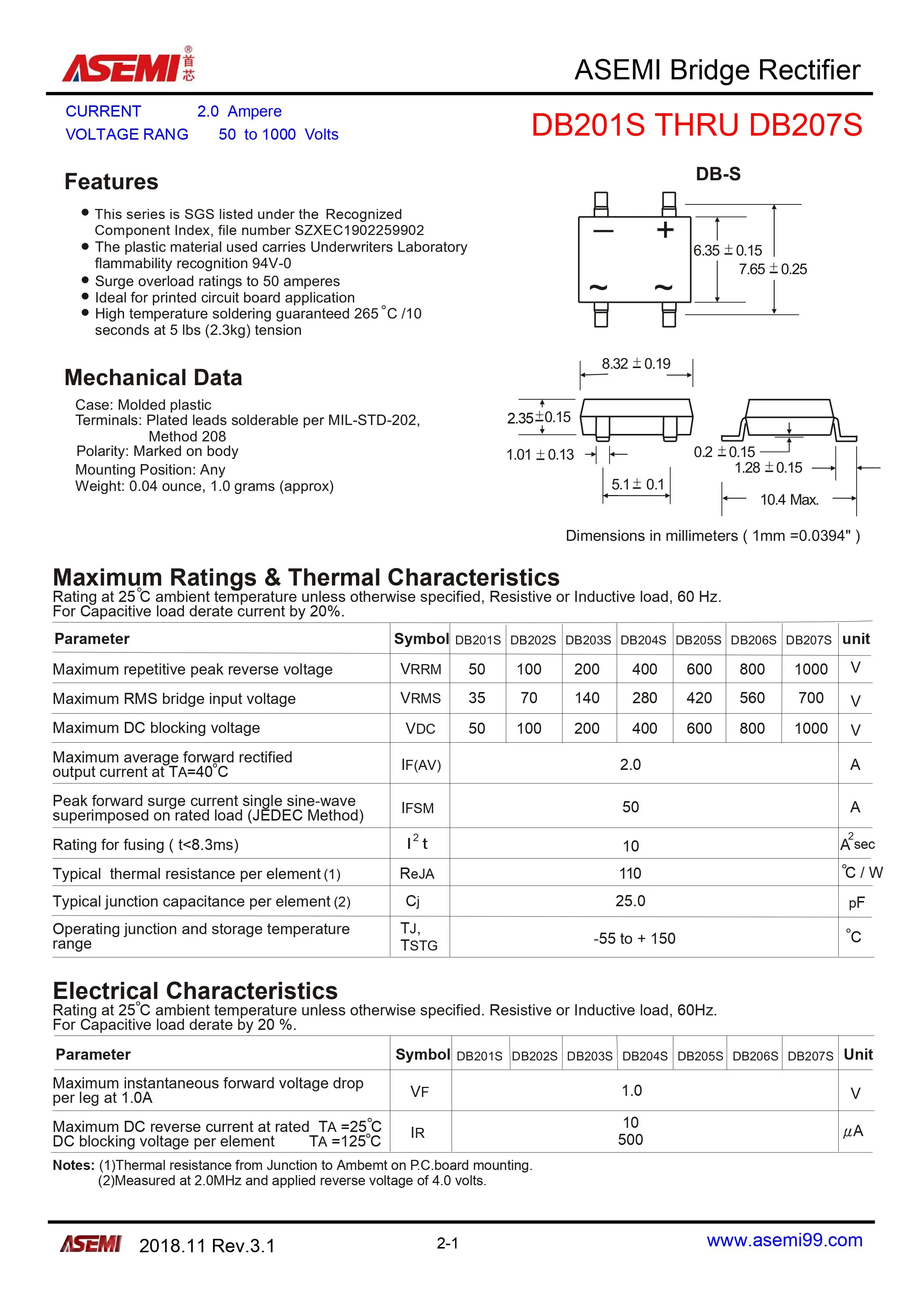 Puente Rectificador 20 piezas DB207S, 2A, 1000V, nuevo