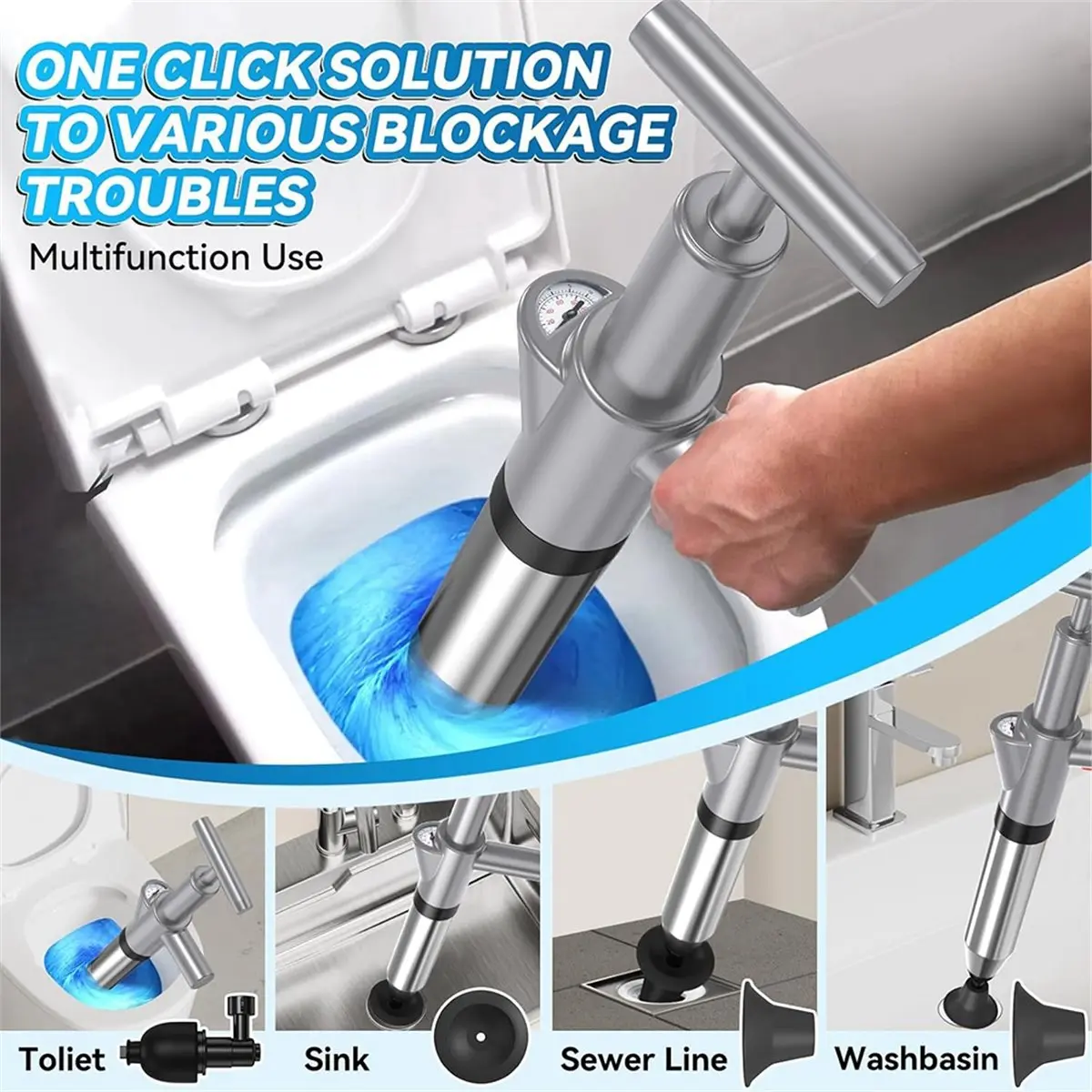 

Toilet Plunger,Upgraded High Pressure Air Plunger with Barometer, Stainless Steel Drain for Clogged