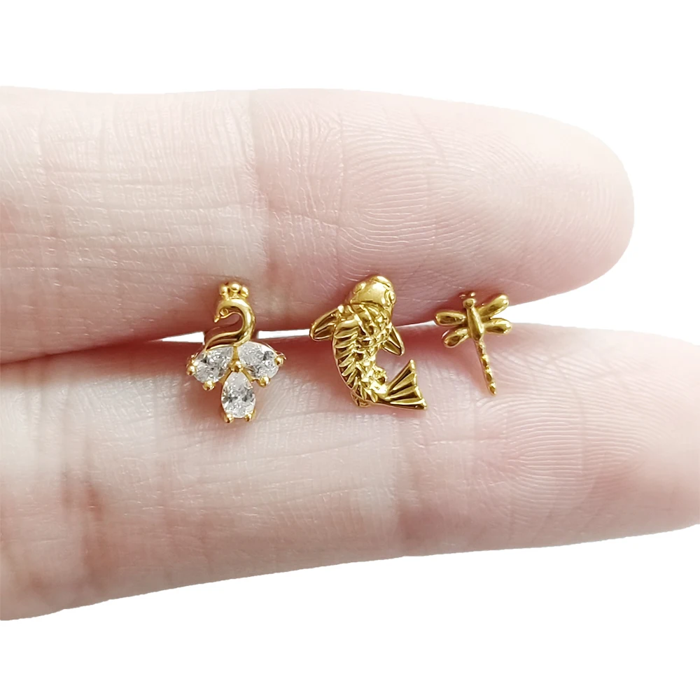 Peacock Dragonfly Titanium Earring Stud, Body Jewelry