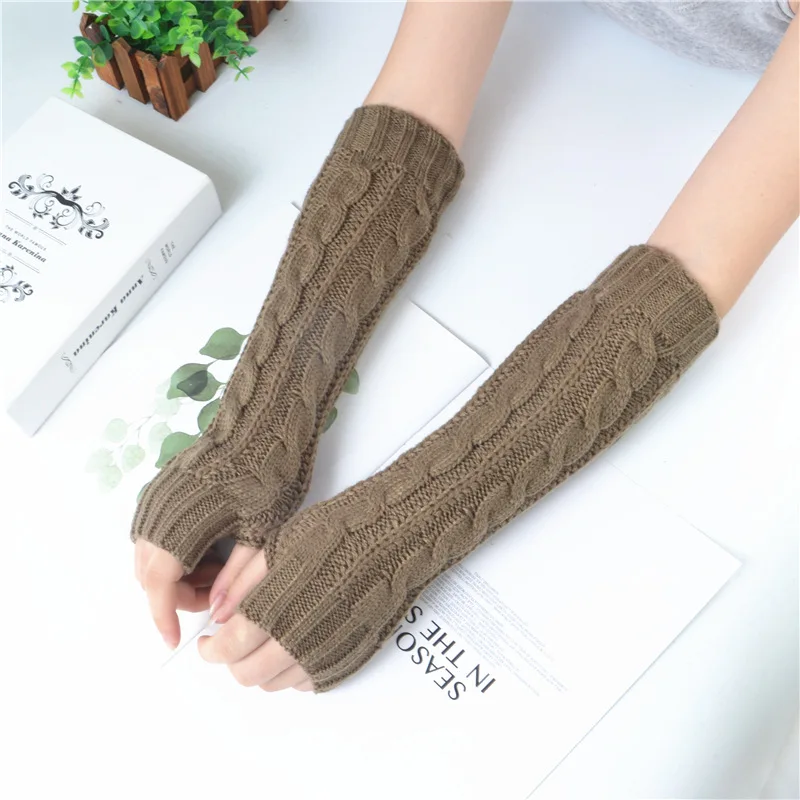 Women\'s Long Fingerless Gloves Winter Punk Warm Oversleeves Knitted Half Finger Twist Arm Sleeve Mitten Keep Warm Arm Warmer