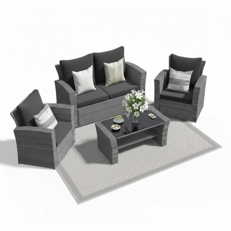 

4-Piece Wicker Patio Seating Set with Glass Top and Black Cushions