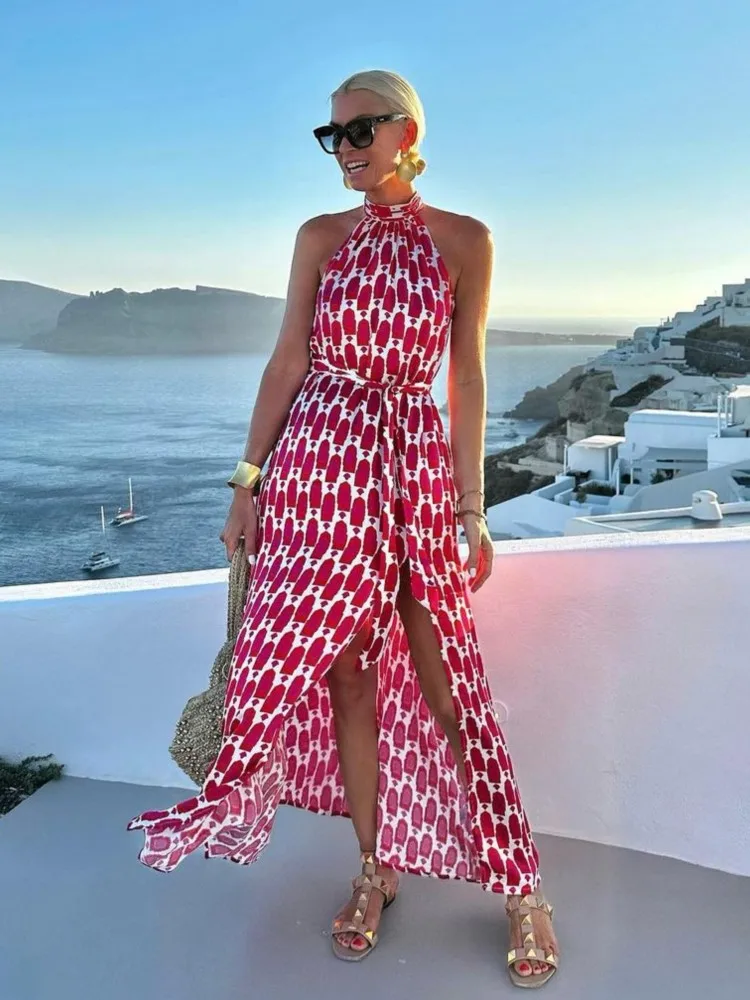 

Summer Print Halter Neck Long Dresses Women Fashion Backless Leace-up Slit Sleeveless A-line Dress Beach Vacation Style Vestidos