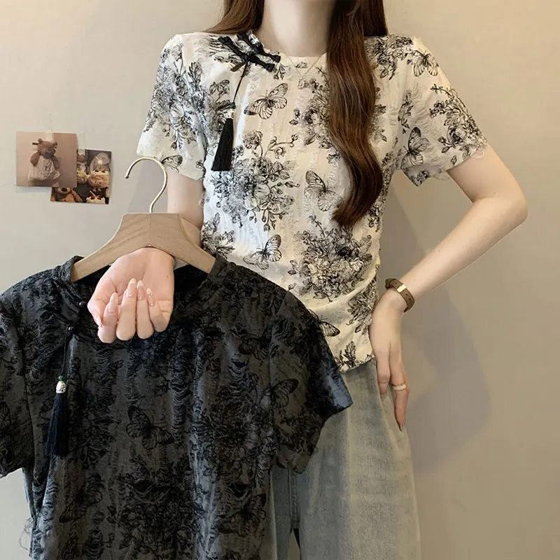 Chinese Disc Buckle O-Neck Pullovers Female Clothing Fashion Hole Vintage Butterfly Printed Summer Folds Short Sleeve T-shirt