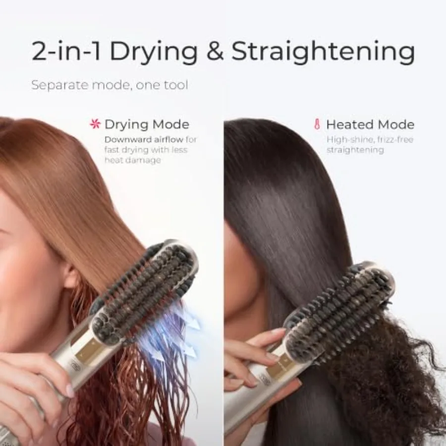 Hair Straightener Brush Blow Dryer 2-in-1 for wet-to-dry styling, gold-colored ionic ceramic hot comb, delivers smooth flowy ha