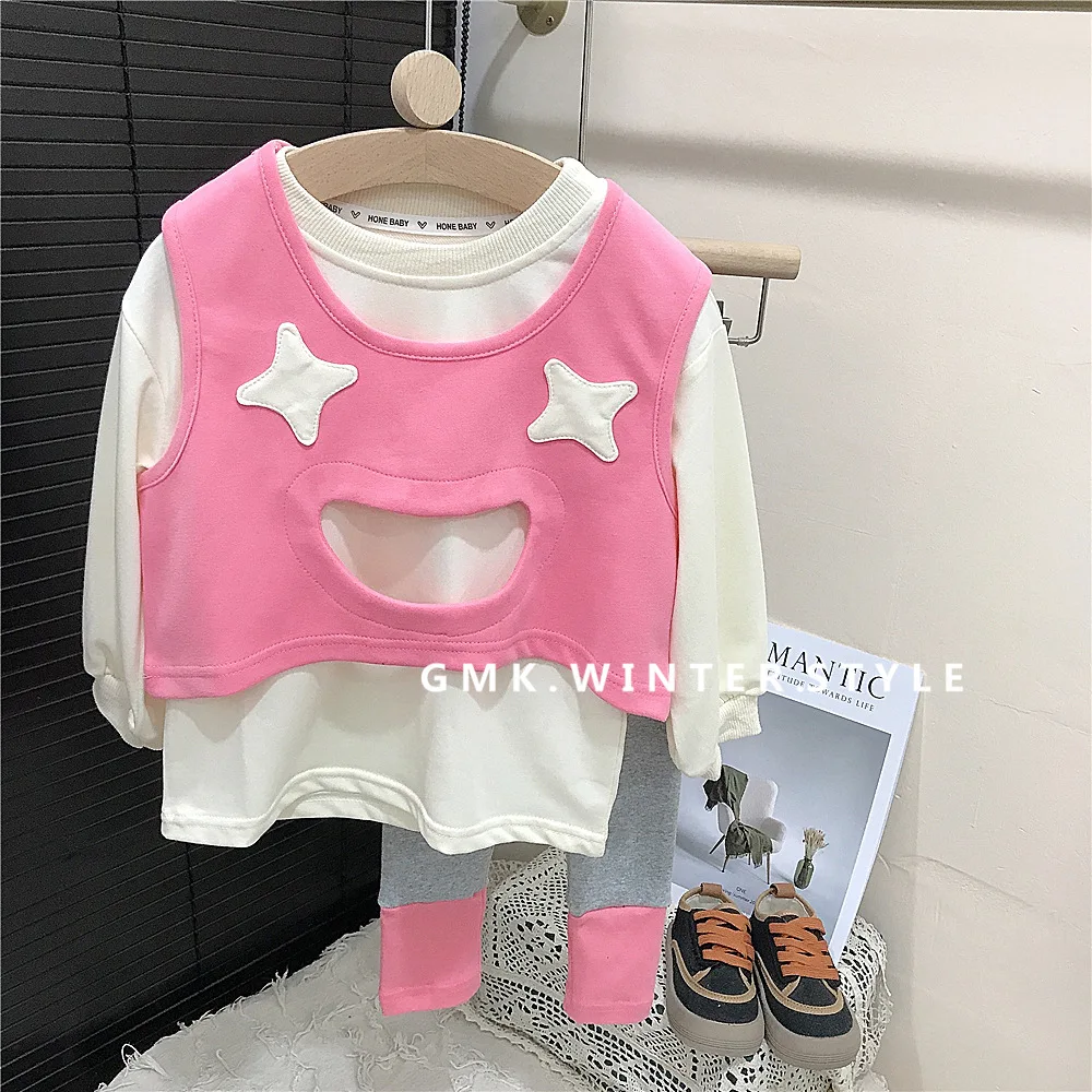 Conjunto de ropa de 3 uds para niña, chaleco rosa con sonrisa hueca, camisetas de algodón sólido, traje empalmado, mallas con cintura elástica, primavera y otoño