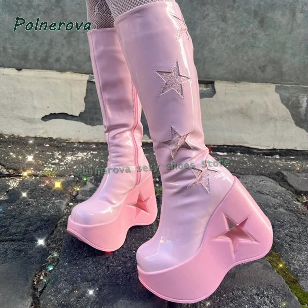 

Модные сапоги до колена с вырезами и звездным принтом, на танкетке, с круглым носком, на молнии, в стиле «Допамин», женские, лето 2026, новинка