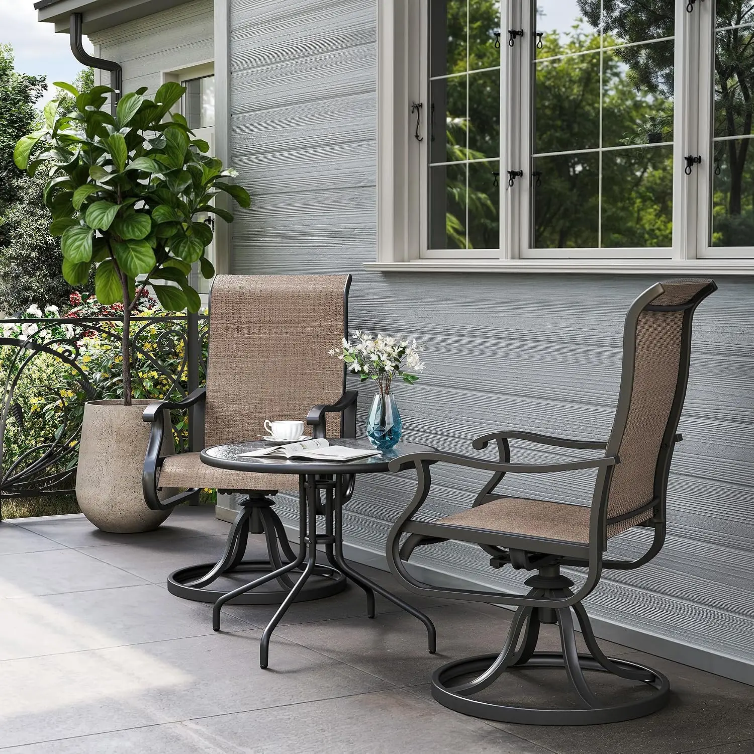 Patio Swivel Chairs Set of 2, Outdoor Swivel Rocker Dining Chairs with All Weather Textilene High Back & Metal Frame
