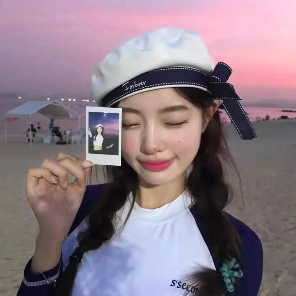 Vintage Sweet White Sailor Hat Bowknot Letter Embroidery Octagonal Cap Uniform Cap Korean Style Painter Hat Women
