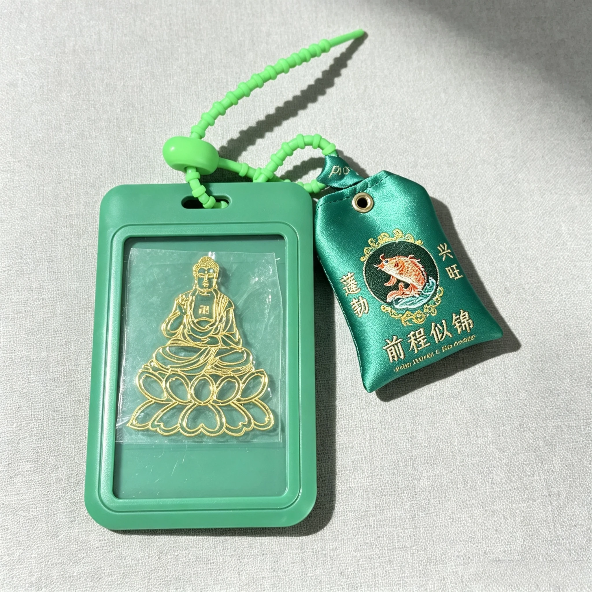Omamori Good Luck Buddha Pattern Metal Phone Sticker with Leather Lanyard Anti-lost Lucky Card Holder