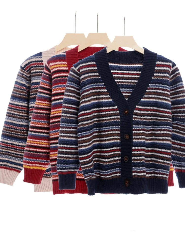 

New V-Neck Women Button Colorful Stripes Cardigan 2022 Long Sleeve Sweater Autumn Winter Knitted Loose Oversized Jumper Casual
