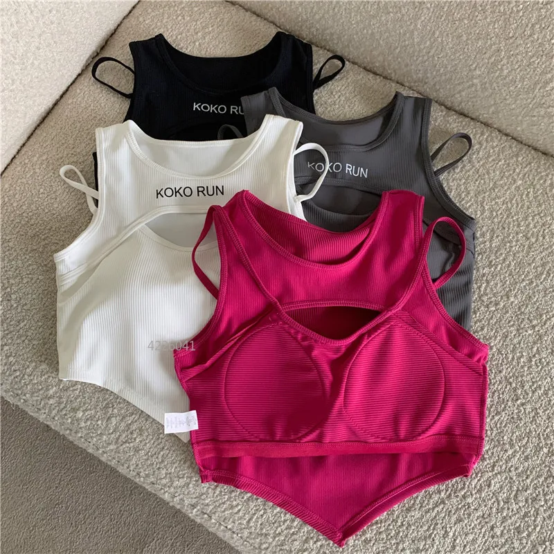 

Casual Crop Tops for Women Knitting Irregular Tops Hollow Out Camisole Women Fake Two Pieces Tank Tops with Bra Pad