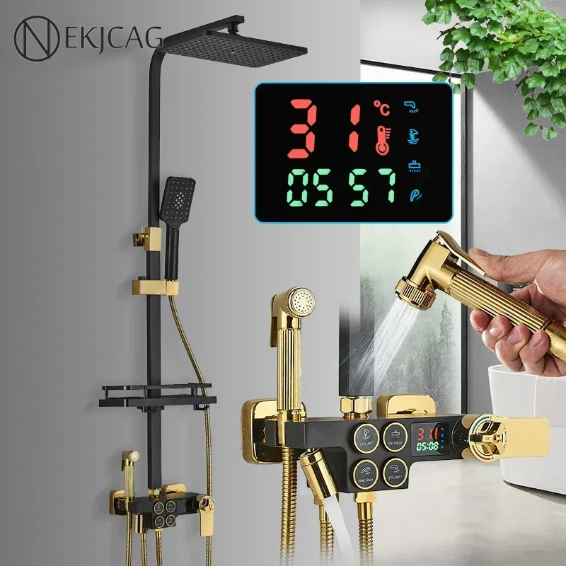 

Black Gold Digital Thermostatic Shower Faucet Button Control Smart Rainfall Bathtub Mixer Set Bathroom Bidet Tap