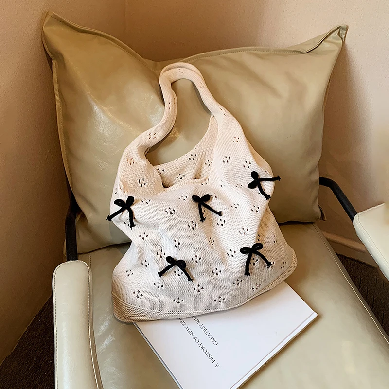 

Hollow Out Bow Knitted Underarm Bag Women Summer Seaside Vacation Style Large Capacity Tote Bags Girl Out Travel Handbag