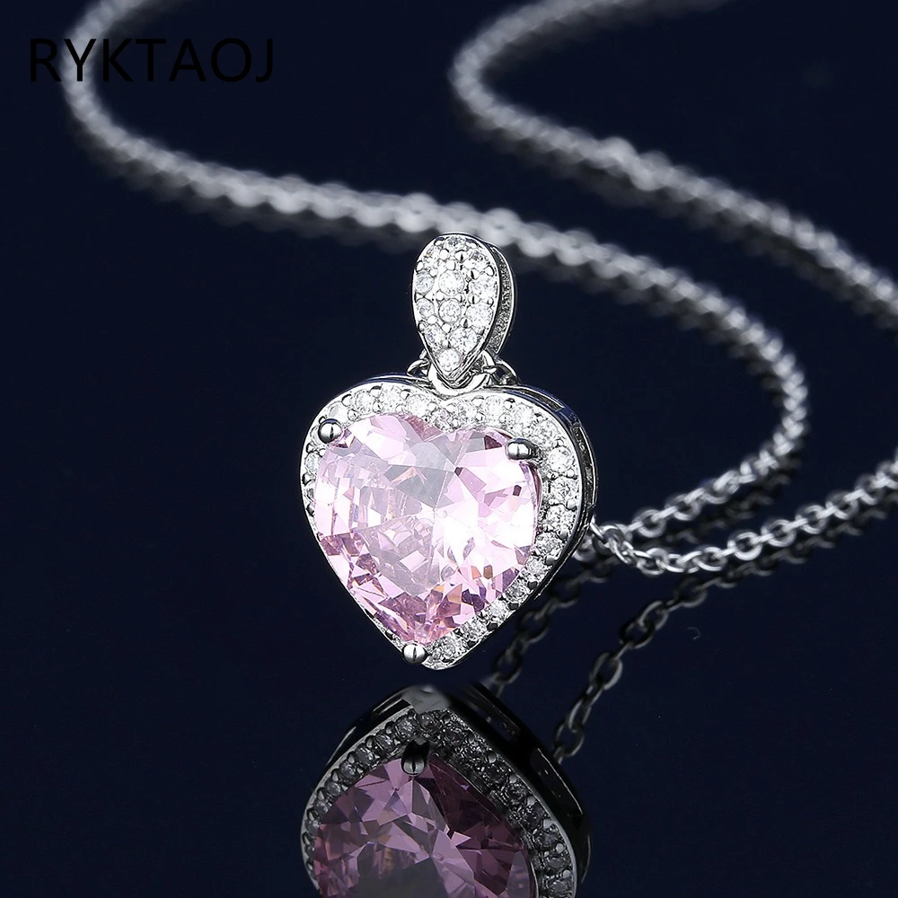 925 Sterling Silver Pink Heart CZ Jewelry Set for Women, Halo Cubic Zirconia Necklace Ring Stud Earring Set, Fine Jewelry Gift
