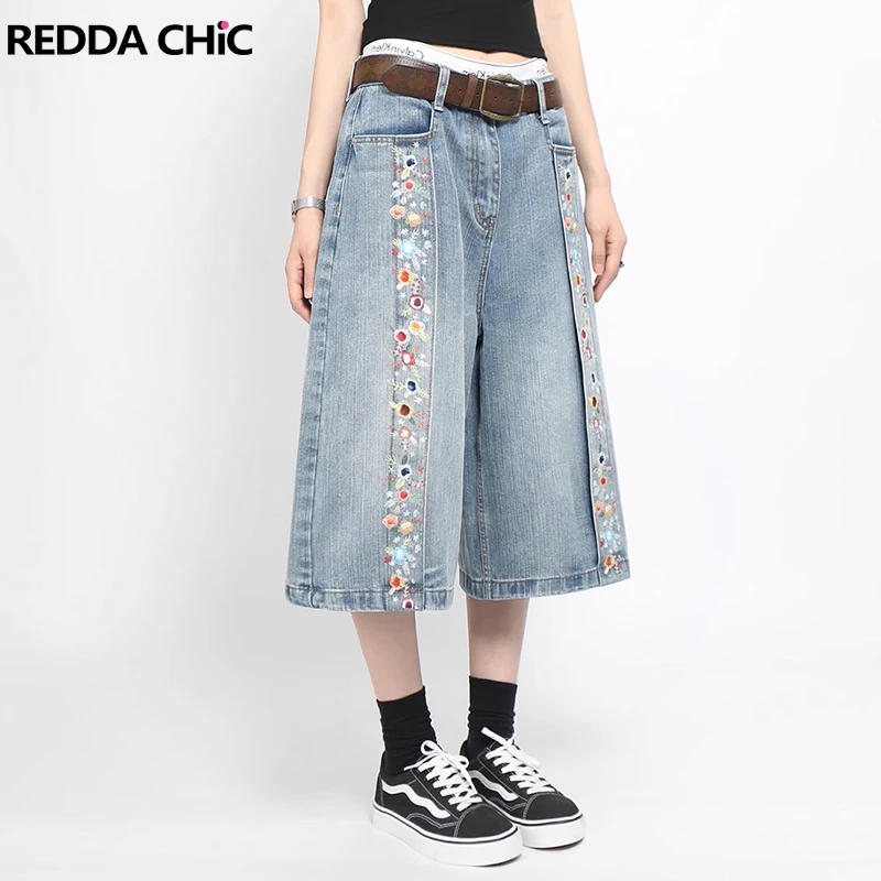 

REDDACHiC Джинсовые брюки-бермуды с цветочным принтом для женщин, повседневные свободные брюки с широкими штанинами и низкой талией, плиссированные старые джинсовые шорты, винтажная уличная одежда
