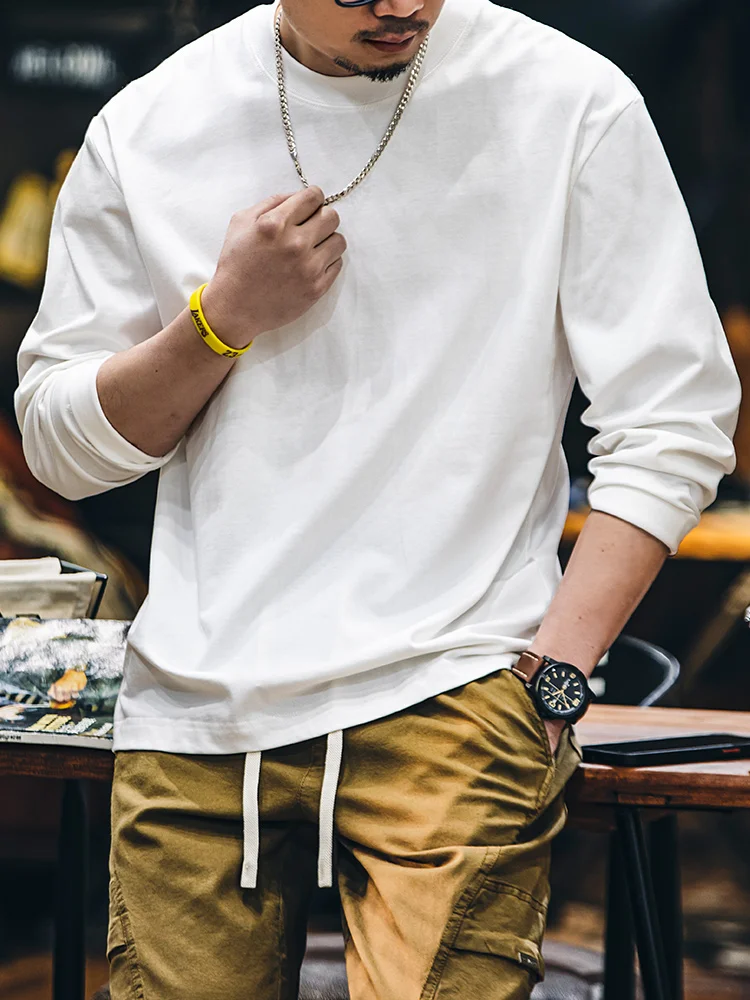 Pure Cotton Long Sleeve T-Shirt Men's Loose Casual White Base Shirt Autumn 2026 New American Style Inner Wear Top
