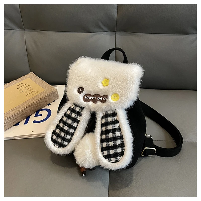 Cute Soft Plush Rabbit Backpack Sweet Corduroy Plaid Splicing Women's Backpack Temperament For Commuting Drawstring Backpack