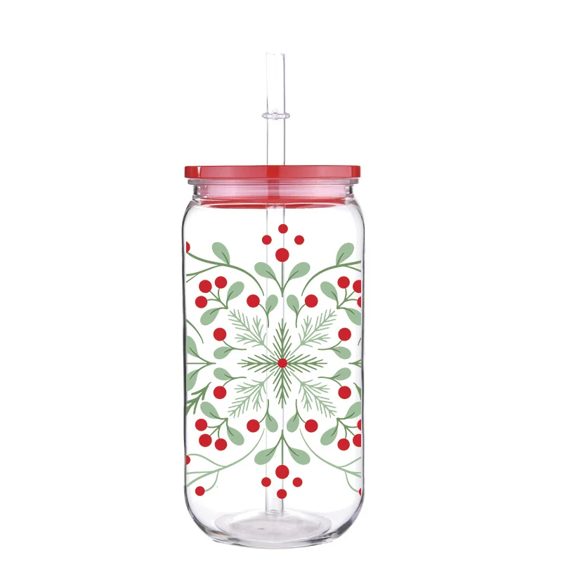 Christmas 16oz Printed PET Cup With Straw Red Lid Colorful Cartoon Design Can Hold Coffee Milk Water Multi Functional Cup image 4