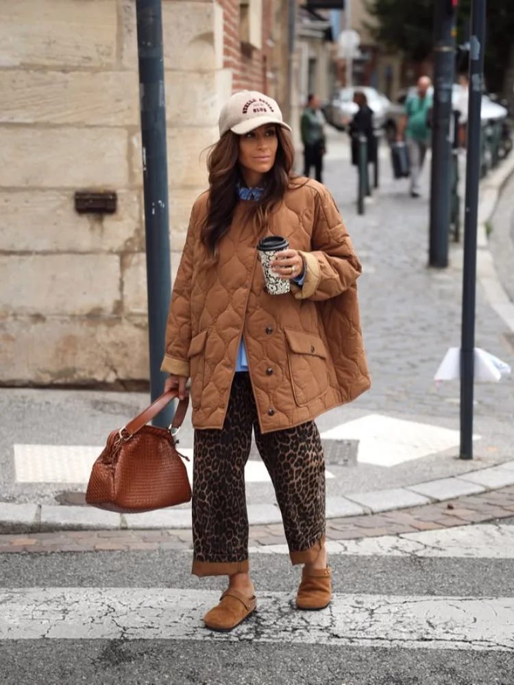 

Casual Brown Thin Down Coat Women Chic Quilted Padded Single Breasted Pocket Loose Jacket Lady Winter Daily Highstreet Outerwear