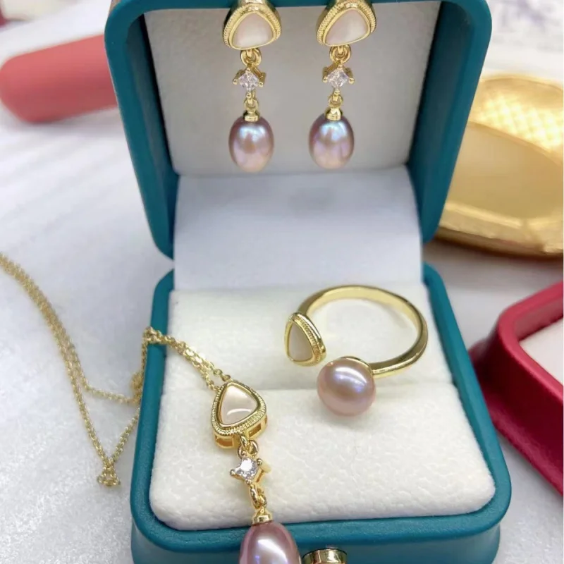Collar Real de agua dulce, pendientes con colgante de madre, anillo, conjunto de tres piezas, perlas de arroz, venta al por mayor