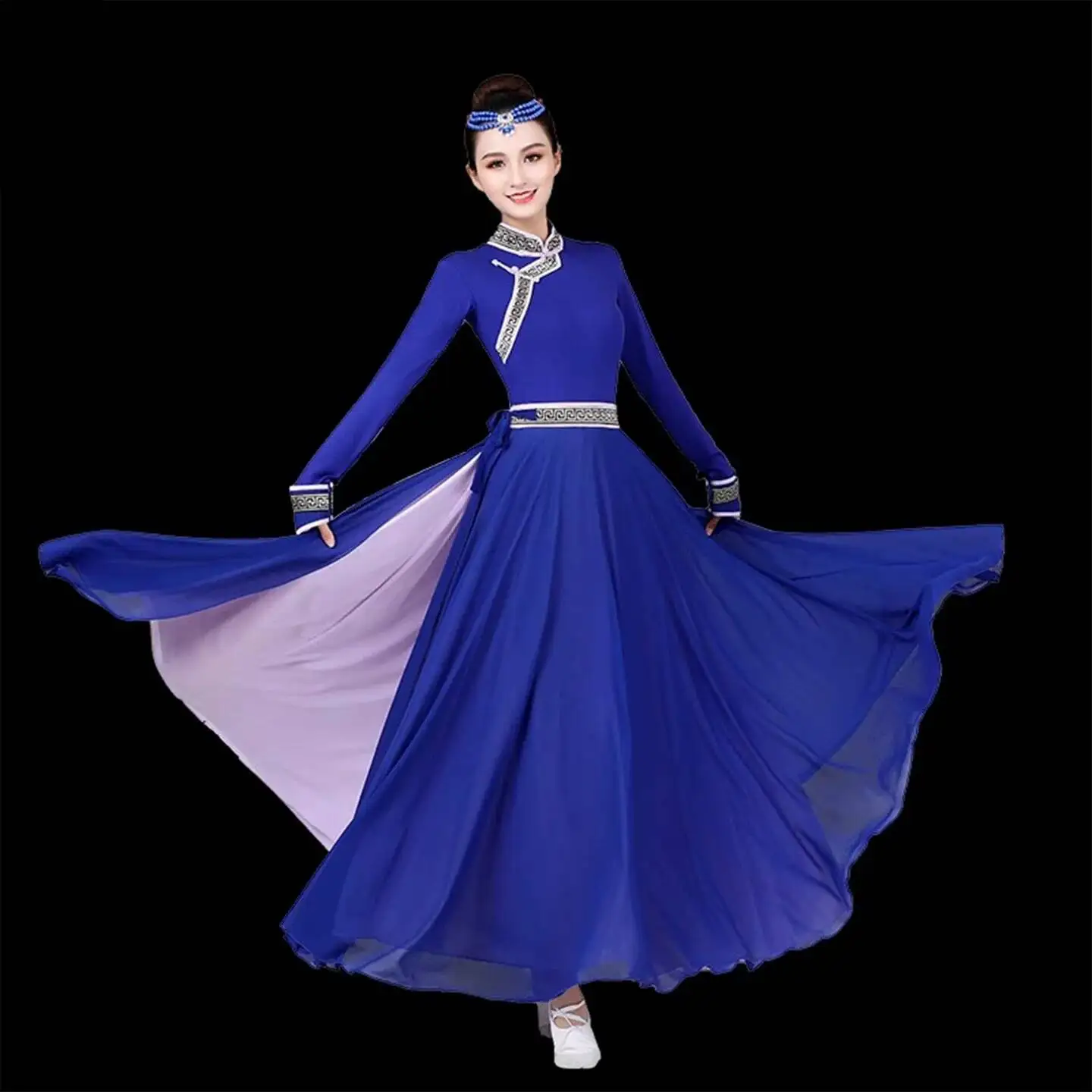 Womens Blue Pink Contrast Mongolian Dance Costume Group Dance Exam Stage Performance Competition Wear