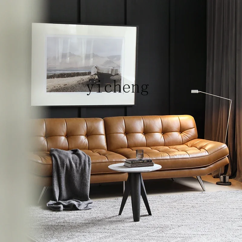 

Nordic Expression French Retro Style Moon Boat Full Genuine Leather Sofa Caramel Color
