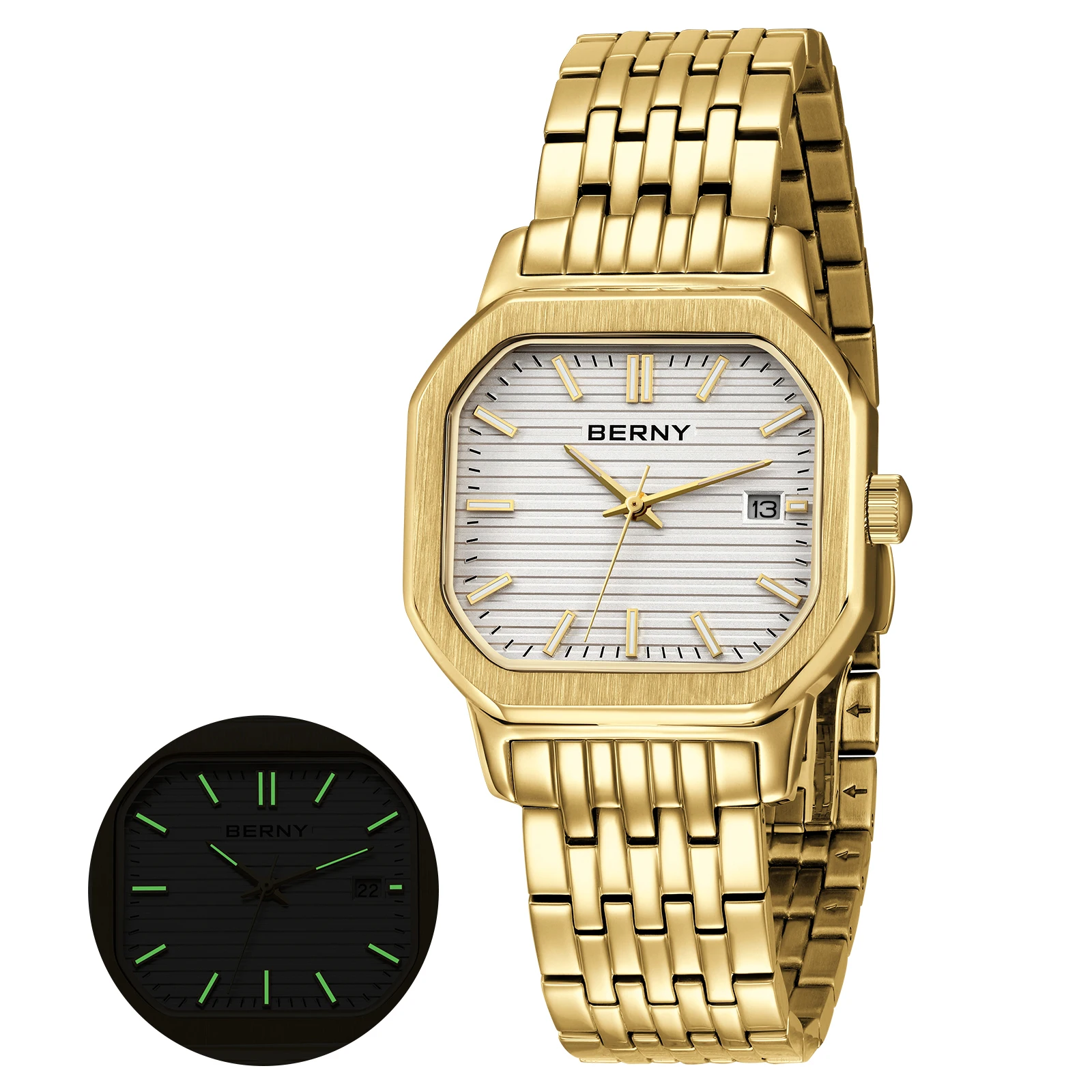 

BERNY Golden Men's Watches Luxury Fashion Elegant Luminous Quartz Dress Men Watch Date Rectangle Dial Business Wristwatch