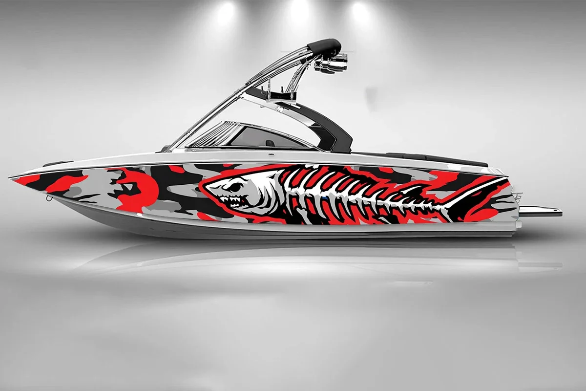 Red shark bone abstract graphic Boat sticker fashion custom fish vinyl waterproof boat wrap boat sticker Graphic wrap decal