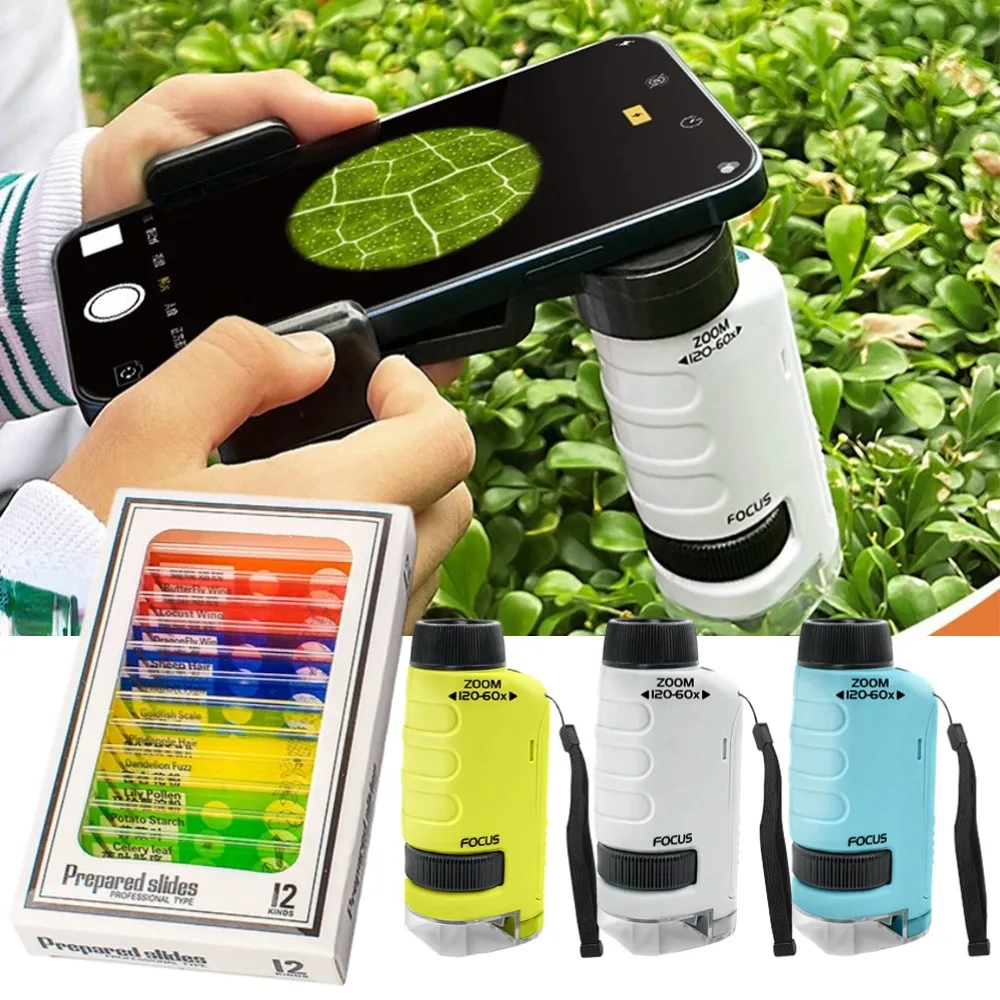 Mini kit de microscópio portátil com luz led 60-120x casa escola ciências biológicas brinquedos educativos para crianças microscópio