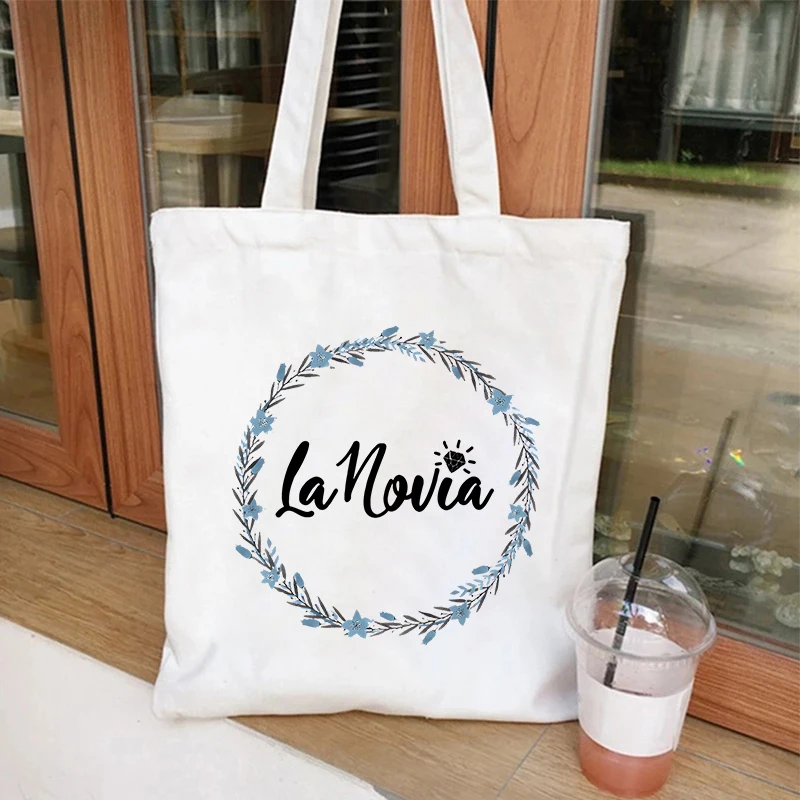 Única despedida bolsa de ombro para meninas, Bachelorette Hen Party, sacolas de compras, equipe noiva, coroa flor, nupcial casamento sacola, espanhol