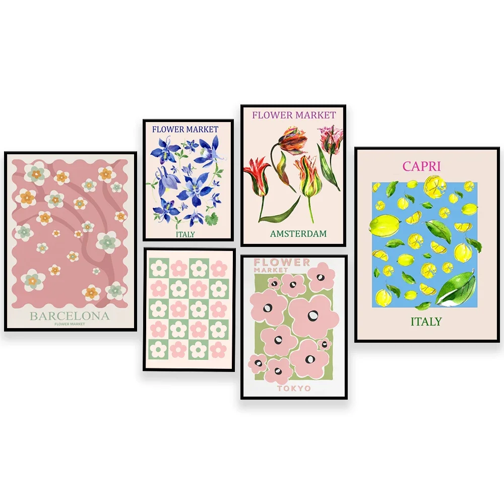 

Vintage floral, fruit market print, modern hipster cool danish pastel art deco floral aesthetic poster, 70s floral plaid decor