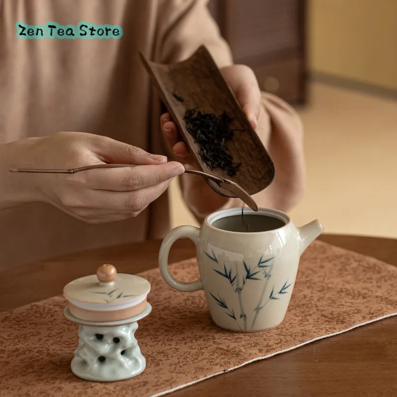 Ice Table Hand-painted Tea Filter Ceramic Single Pot Household Teapot Under Glaze Color Green Bamboo Hand Handle Pot Ball Hole