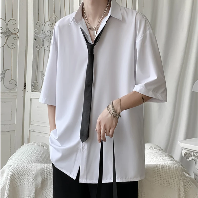 Summer Korean Fashion Drape Shirts for Men Short Sleeve Casual Comfortable Button Up Blouse White Black Gray