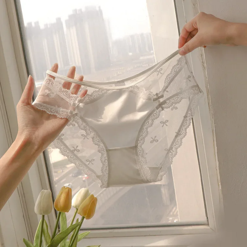 Pure Desire French Satin Lace Mesh Breathable Girly Style Briefs Sexy Cutout Ice Silk Low Waist Summer Underwear For Women