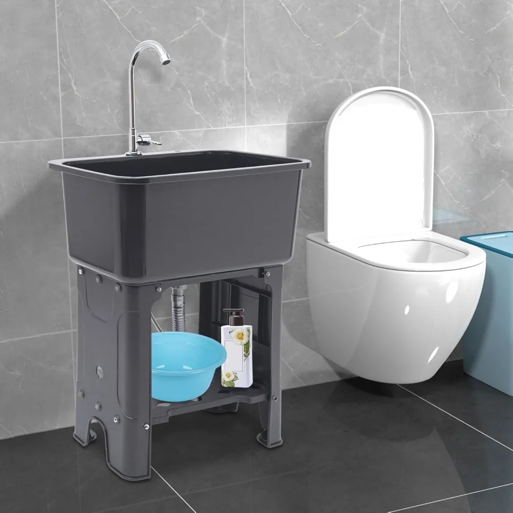 회색 독립형 다용도 세탁통 (수도꼭지, 세탁판, 수납 선반 포함, 실외용)