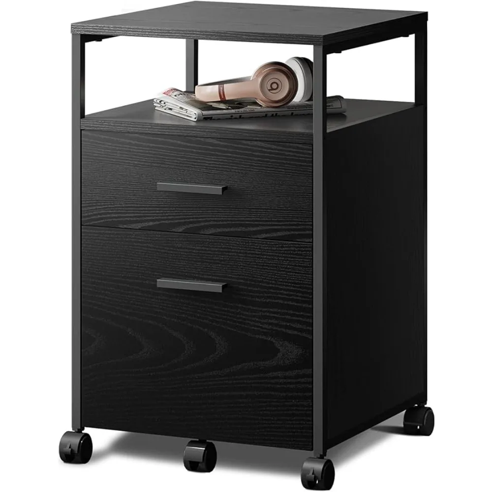 DEVAISE 2 Drawer File Cabinet, Mobile Printer Stand with Open Storage Shelf, Wood Filing Cabinet fits A4 or Letter Size， Black