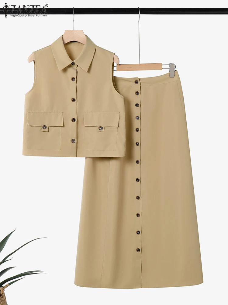 

ZANZEA Women Elegant Dress Sets 2025 Oversize Summer 2PCS Sleeveless Tops and Buttons Maxi Skirts Casual Solid Two-piece Outfits