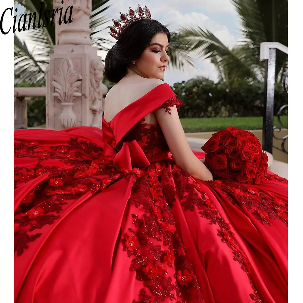 Vestido Quinceanera off-the-ombro com apliques de renda lantejoulas, espartilho 3D flores, vestido de baile vermelho, 15 anos