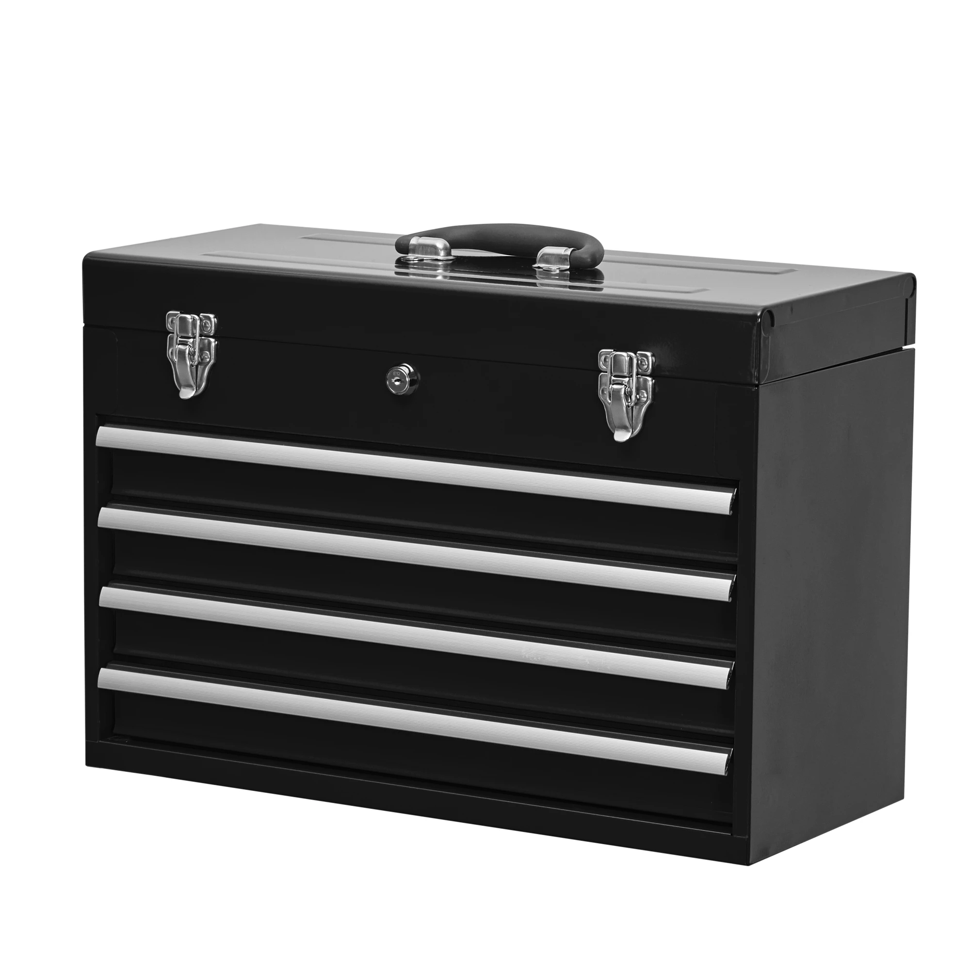 

Black Metal Tool Box with 4 Drawers Portable Steel Tool Chest with Metal Cylinder Lock and Latch Closure Liner Powder coating