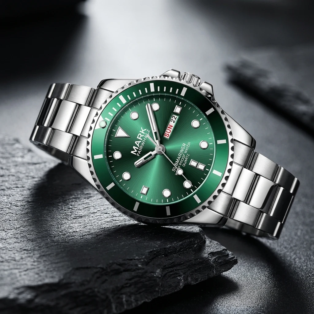 Mark Fairwhale Diver Watch for Men Round Rotating Bezel Day Date Window Stainless Steel Band Waterproof Casual Wristwatch