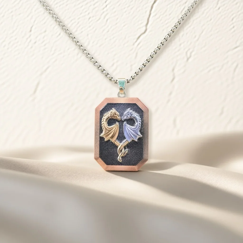 Two‑Tone Enamel Square Dragon Pendant Necklace, Fantasy Animal Relief Clavicle Chain, Cool Fashion Jewelry Gift for Men  Women